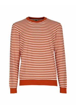Maglione a righe in cotone arancione e bianco. Presenta un colletto a giro, maniche lunghe e polsini e orlo a coste. Design semplice e classico.