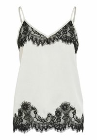 Camisole blanche bordée de dentelle noire florale le long de l'encolure et de l'ourlet, dotée de fines bretelles spaghetti et d'une texture douce.
