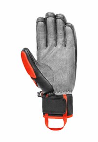 Graue synthetische Handschuhe mit strukturierten Oberflächen, schwarzen Lederelementen, gepolstertem roten Griff und verstellbarem Handgelenkriemen. Fünf-Finger-Design für Fingerfertigkeit.