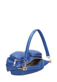Blauwe leren handtas met twee ritscompartimenten, gestructureerd oppervlak, ronde vorm, korte handgreep en gouden hardware accenten.