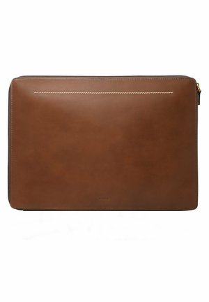 Brown leather laptop case with a smooth texture, featuring a subtle seam accent and a top zipper closure. Minimal branding embossed at the bottom.