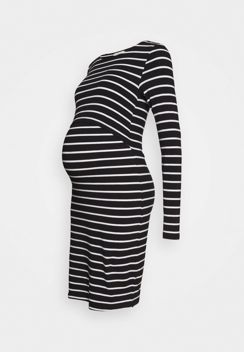 Robe de maternité à manches longues rayée horizontale noire et blanche, silhouette ajustée et col rond.
