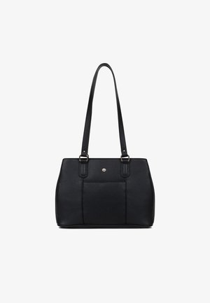 Sac fourre-tout en cuir noir avec deux longues poignées, forme rectangulaire, surface texturée et poche frontale avec une fermeture à pression.