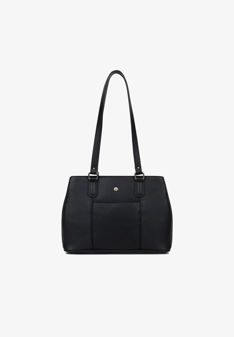 Borsa a tracolla nera in pelle con due manici lunghi, forma rettangolare, superficie testurizzata e tasca frontale con chiusura a scatto.