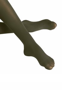 Collant verde scuro, semi-trasparenti, esposti con una texture liscia e design con piede, con una leggera finitura lucida.