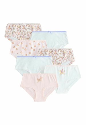 Sedem párov dievčenského spodného prádla v pastelových farbách, s potlačami koláčikov, motýľov, jednorožcov a malými mašličkami na pásikoch.