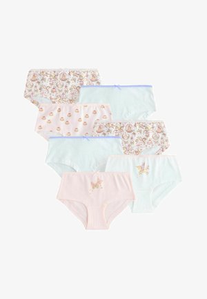 Seitse paari tüdrukute aluspesu pastelltoonides, millel on trükised kookide, liblikate, ükssarvikute ja väikeste vibu-dega vöökohtadel.