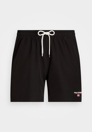 Black swim shorts with an elastic waistband, white drawstring, and logo detail on the lower right in red and white. Smooth texture.