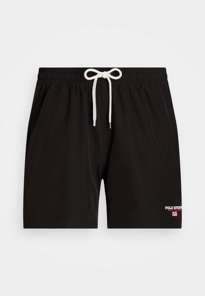 Schwarze Schwimmshorts mit elastischem Bund, weißem Kordelzug und Logodetail unten rechts in Rot und Weiß. Glatte Textur.