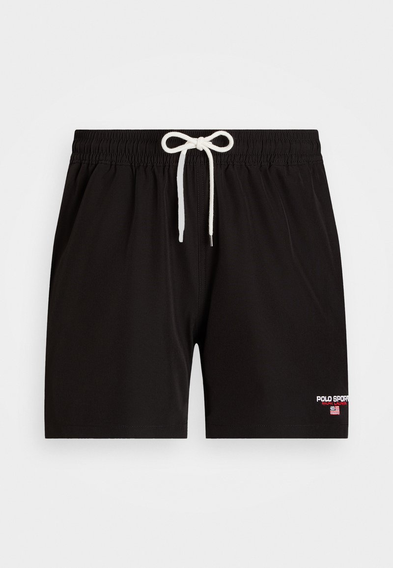 Svarta badshorts med elastisk midja, vit dragsko och logotypdetalj i nedre högra hörnet i röd och vit. Slät textur.