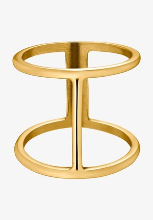 Gouden ring met een minimalistisch ontwerp, featuring ronde banden en een open vorm, met een gladde, glanzende oppervlakte.