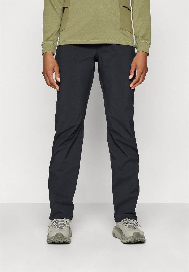 Men's black pants made of lightweight material with a smooth texture. Features a slim fit and a subtle logo on the left thigh.