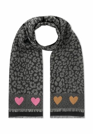 Long dark gray scarf with a subtle leopard print and pink and orange heart motifs near the fringed ends.