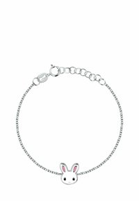 Bracciale d'argento con un ciondolo a forma di coniglio con dettagli rosa, una catena a maglia sottile e un gancio sicuro per la regolazione della misura.