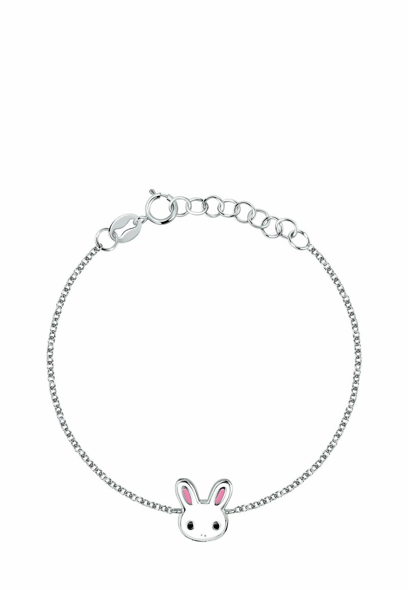 Bracciale d'argento con un ciondolo a forma di coniglio con dettagli rosa, una catena a maglia sottile e un gancio sicuro per la regolazione della misura.