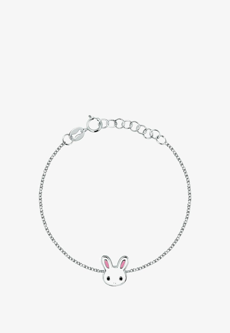 Bracciale d'argento con un ciondolo a forma di coniglio con dettagli rosa, una catena a maglia sottile e un gancio sicuro per la regolazione della misura.