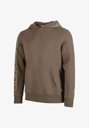 Sudadera marrón con un bolsillo tipo canguro, capucha con cordón y texto de logo en contraste en la manga izquierda. Fabricada con un tejido suave y texturizado.