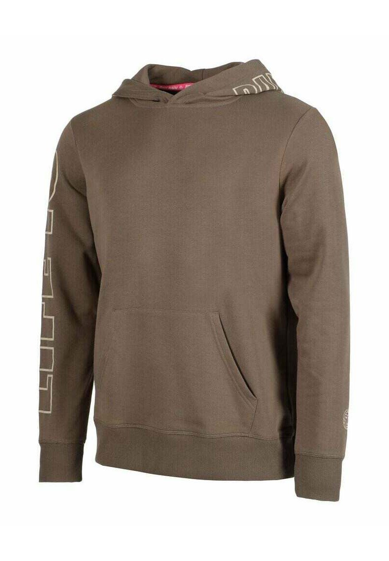 Felpa marrone con tasca a marsupio, cappuccio con cordino e testo del logo a contrasto sulla manica sinistra. Realizzata in tessuto morbido e texturizzato.