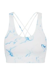Witte sport-bh met een blauw marmerpatroon, met een crisscross rugontwerp en een gladde textuur. Bevat subtiele branding aan de zoom.