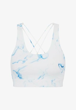 Fehér sportmelltartó kék márvány mintával, keresztbe csatolt hátrésszel és sima textúrával. Diszkrét márkajelzés található az alján.