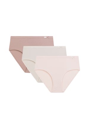 Trzy damskie bawełniane majtki z wysokim stanem w delikatnym różowym, beżowym i mauve, każda z małą ozdobną kokardką i metką na pasie.