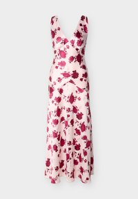 Μακρύ ροζ φόρεμα χωρίς μανίκια με βαθύ V-λαιμόκοψη και μπορντό λουλουδάτο σχέδιο, εφαρμοστό μπούστο και ροή φούστας.