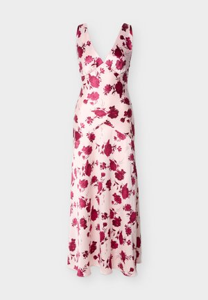 Μακρύ ροζ φόρεμα χωρίς μανίκια με βαθύ V-λαιμόκοψη και μπορντό λουλουδάτο σχέδιο, εφαρμοστό μπούστο και ροή φούστας.