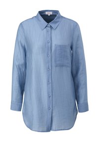Himmelblaue, langärmelige Hemdt mit Knopfleiste und Kragen, einer einzelnen Brusttasche und glatter Textur. Verfügt über einen leicht abgerundeten Saum.