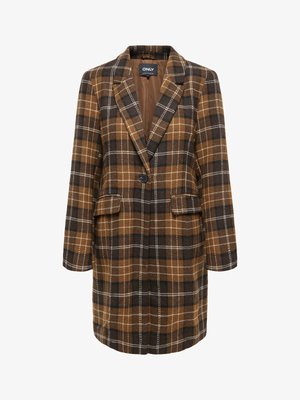 Brown and black plaid long blazer with a notched lapel, single button closure, two front pockets, and a soft texture.
