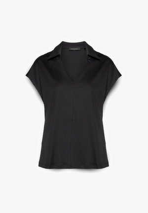 Schwarze Bluse mit kurzen Ärmeln, tiefem V-Ausschnitt und Kragen, mit lockerem Sitz und glatter Stoffstruktur.