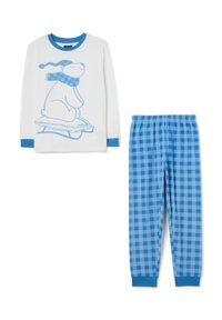 Ensemble de pyjama pour enfants comprenant un haut blanc à manches longues avec un motif d'ours polaire bleu et des poignets accentués de bleu, associé à un pantalon à carreaux bleus.