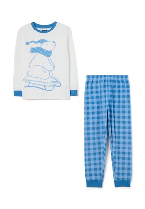 Children's pajama set featuring a long-sleeve white top with a blue polar bear design and blue-accented cuffs, paired with blue checkered pants.