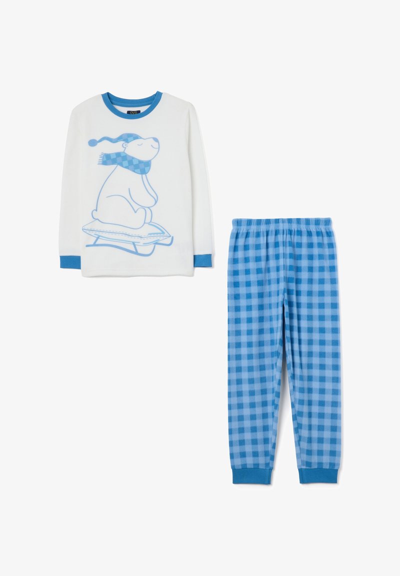 Ensemble de pyjama pour enfants comprenant un haut blanc à manches longues avec un motif d'ours polaire bleu et des poignets accentués de bleu, associé à un pantalon à carreaux bleus.