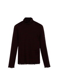 Top de cuello alto de manga larga a rayas en negro y burdeos con una textura ligeramente transparente y un dobladillo irregular. Diseño suave ajustado al cuerpo.