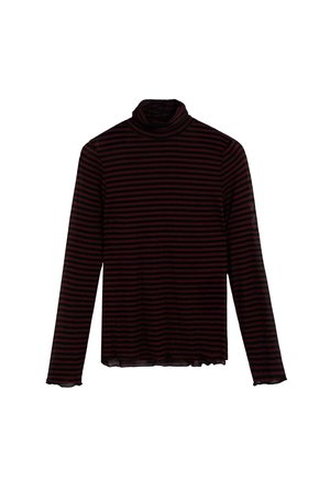 Top de cuello alto de manga larga a rayas en negro y burdeos con una textura ligeramente transparente y un dobladillo irregular. Diseño suave ajustado al cuerpo.