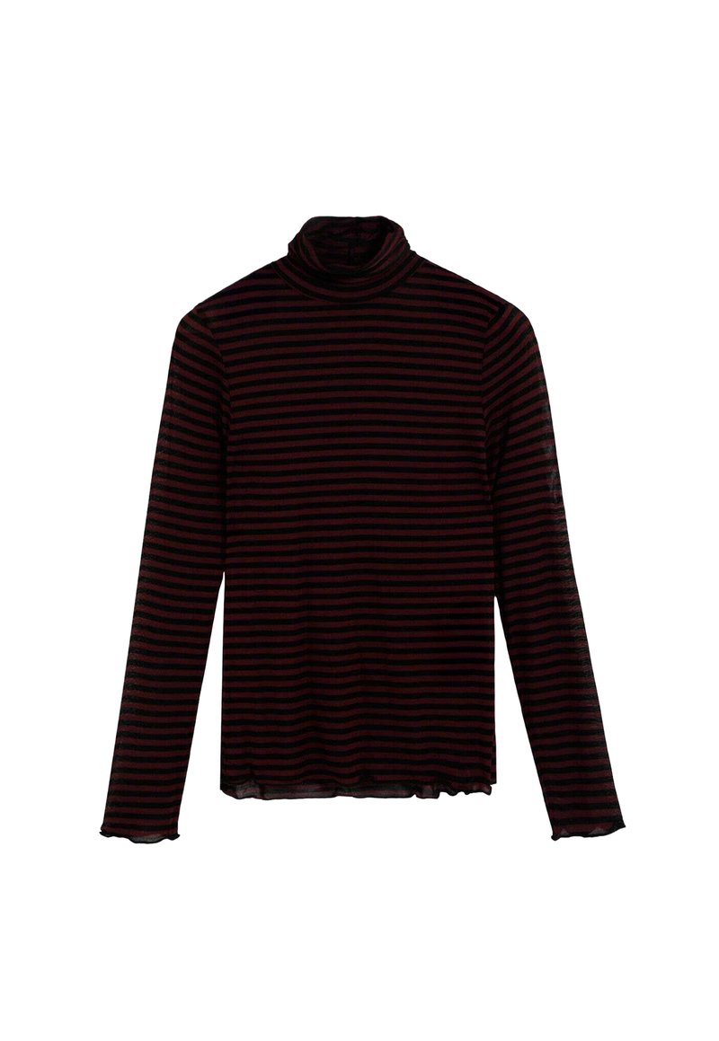 Top de cuello alto de manga larga a rayas en negro y burdeos con una textura ligeramente transparente y un dobladillo irregular. Diseño suave ajustado al cuerpo.