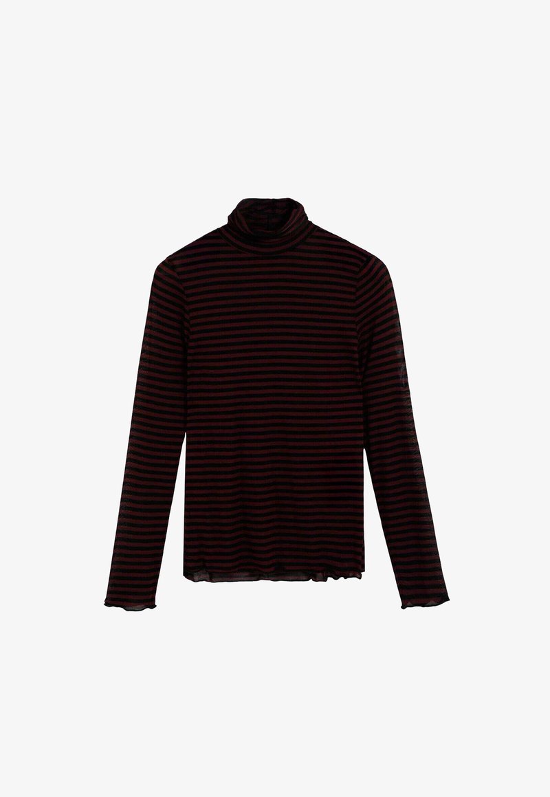 Top de cuello alto de manga larga a rayas en negro y burdeos con una textura ligeramente transparente y un dobladillo irregular. Diseño suave ajustado al cuerpo.