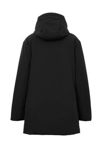 Giacca nera con cappuccio, dal texture liscia e opaca. Presenta una vestibilità rilassata, maniche lunghe e un orlo arrotondato sul retro.