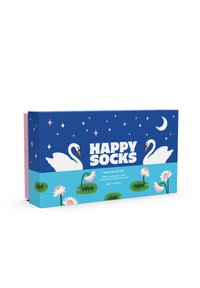Pudełko na prezent dla Happy Socks z niebieskim wzorem przedstawiającym łabędzie, gwiazdy i lilie wodne. Na pudełku znajduje się napis "Happy Socks" oraz informacje o rozmiarach.