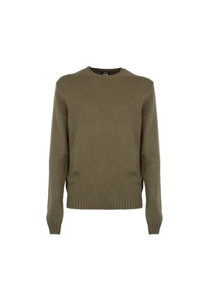 Oliwkowy sweter wykonany z miękkiego dzianiny, z okrągłym dekoltem, ściągaczami przy rękawach i ściągaczem u dołu. Prosty, nieozdobiony wzór.