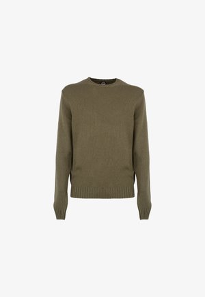 Oliwkowy sweter wykonany z miękkiego dzianiny, z okrągłym dekoltem, ściągaczami przy rękawach i ściągaczem u dołu. Prosty, nieozdobiony wzór.