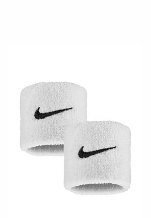 Polsini in spugna bianca con loghi Nike swoosh neri, mostrati affiancati su uno sfondo bianco.