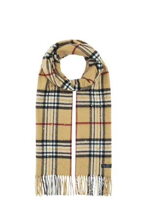 Beige plaid scarf with red, black, and white lines, small gold studs, and fringed ends, looped at the top.