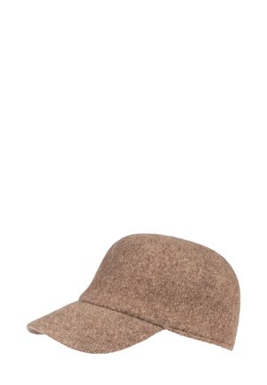 Brown felt cap with a rounded crown and a stiff, curved brim. Smooth texture and seamless design, featuring a solid color without patterns.