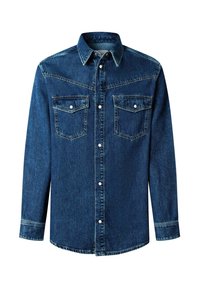 Tamnoplava traper košulja s dugim rukavima, zatvara se na gumbe sprijeda, ima dva džepa na prsima i kontrastne šavove. Ima klasični ovratnik.