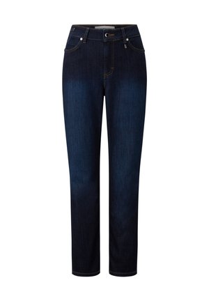 Jeans en denim bleu foncé avec une coupe droite, un design à cinq poches et des coutures et poches contrastées en jaune.