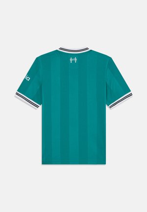 Teal korte mouwen jersey met verticale strepen, kraag en manchetten in zwart-wit gestreept, met logo en nummers op de achterkant.