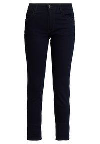 Granatowe dżinsy typu slim fit, pięć kieszeni, o gładkiej teksturze. Posiadają zapięcie na guzik i suwak z przodu.