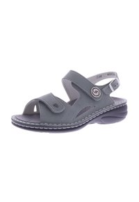 Gray leather sandal with open toe, adjustable strap, and contrasting white stitching. Features a cushioned sole and decorative hardware.