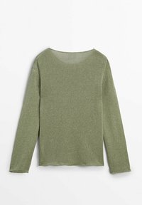 Green long-sleeve sweater with a rounded neckline. Made from a soft, textured knit fabric. Hem and sleeves are slightly frayed.